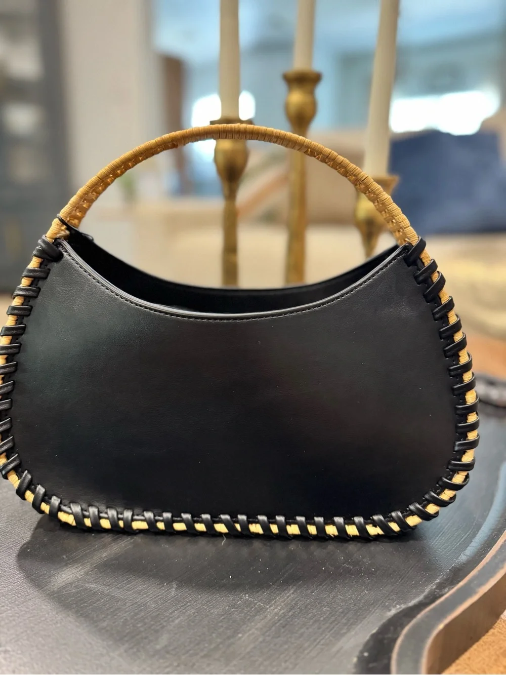 BCBG Black Leather Hobo with Tan Whipstitch Handle